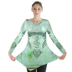 Music, Decorative Clef With Floral Elements Long Sleeve Tunic  by FantasyWorld7