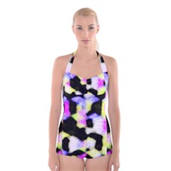 Watercolors Shapes On A Black Background                                         Boyleg Halter Swimsuit by LalyLauraFLM