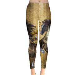 Awesome Steampunk Horse, Clocks And Gears In Golden Colors Leggings  by FantasyWorld7