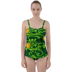 Background Texture Green Leaves Twist Front Tankini Set by Sapixe