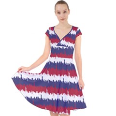 244776512ny Usa Skyline In Red White & Blue Stripes Nyc New York Manhattan Skyline Silhouette Cap Sleeve Front Wrap Midi Dress by PodArtist