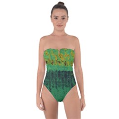 Green Fabric Textile Macro Detail Tie Back One Piece Swimsuit by Sapixe