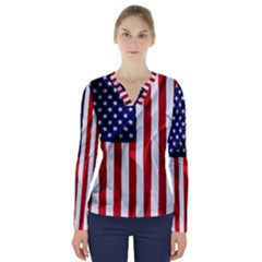 American Usa Flag Vertical V-neck Long Sleeve Top by FunnyCow