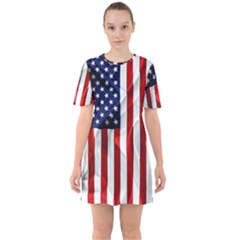 American Usa Flag Vertical Sixties Short Sleeve Mini Dress by FunnyCow