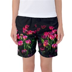 Pink Tulips Dark Background Women s Basketball Shorts by FunnyCow