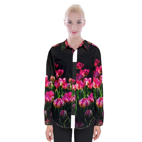 Pink Tulips Dark Background Womens Long Sleeve Shirt by FunnyCow