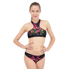 Pink Tulips Dark Background High Neck Bikini Set by FunnyCow