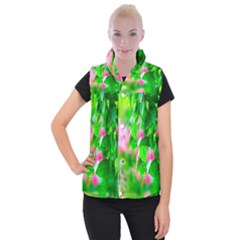 Green Birch Leaves, Pink Flowers Women s Button Up Vest by FunnyCow