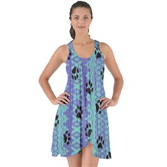 Footprints Cat Black On Batik Pattern Teal Violet Show Some Back Chiffon Dress by EDDArt