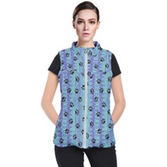 Footprints Cat Black On Batik Pattern Teal Violet Women s Puffer Vest by EDDArt