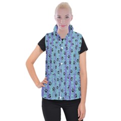 Footprints Cat Black On Batik Pattern Teal Violet Women s Button Up Vest by EDDArt