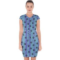 Footprints Cat Black On Batik Pattern Teal Violet Capsleeve Drawstring Dress  by EDDArt