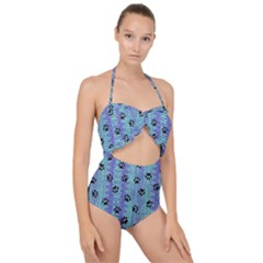 Footprints Cat Black On Batik Pattern Teal Violet Scallop Top Cut Out Swimsuit by EDDArt