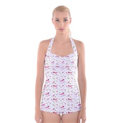 Watercolor Birds Magnolia Spring Pattern Boyleg Halter Swimsuit  by EDDArt