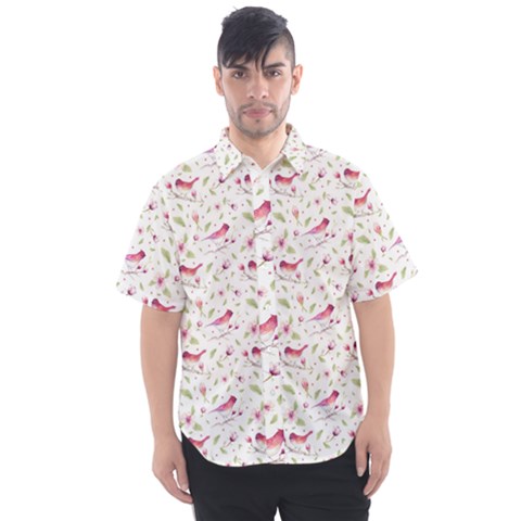 Watercolor Birds Magnolia Spring Pattern Men s Short Sleeve Shirt by EDDArt