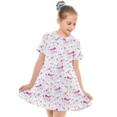 Watercolor Birds Magnolia Spring Pattern Kids  Short Sleeve Shirt Dress by EDDArt