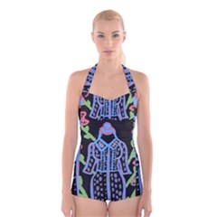 Dress And Flowers Boyleg Halter Swimsuit 