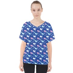 Snow Sleigh Deer Blue V-neck Dolman Drape Top