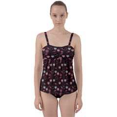 Heart Cherries Brown Twist Front Tankini Set