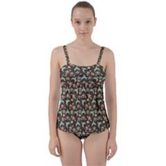 Brown With Blue Hats Twist Front Tankini Set