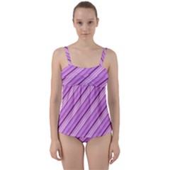 Violet Diagonal Lines Twist Front Tankini Set