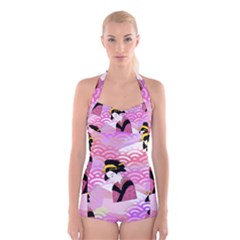 Japanese Abstract Pink Boyleg Halter Swimsuit  by snowwhitegirl