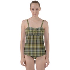 Yellow Plaid Twist Front Tankini Set