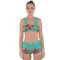 Green Denim Flowers Racerback Boyleg Bikini Set