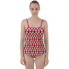 Eye Dots Red Pastel Twist Front Tankini Set