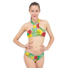 Orange Tropics Blue High Neck Bikini Set by snowwhitegirl