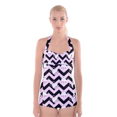 Pink Teapot Chevron Boyleg Halter Swimsuit  by snowwhitegirl