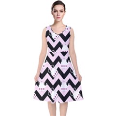 Pink Teapot Chevron V-neck Midi Sleeveless Dress  by snowwhitegirl