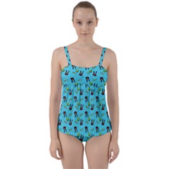 School Girl Pattern Blue Twist Front Tankini Set