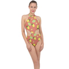 Lemons And Limes Peach Halter Side Cut Swimsuit