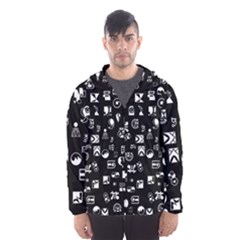White On Black Abstract Symbols Hooded Windbreaker (men) by FunnyCow