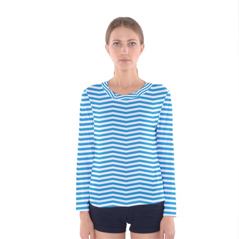 Oktoberfest Bavarian Blue And White Chevron Stripes Women s Long Sleeve Tee by PodArtist