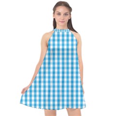 Oktoberfest Bavarian Blue And White Large Gingham Check Halter Neckline Chiffon Dress  by PodArtist