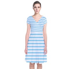 Oktoberfest Bavarian Blue And White Large Mattress Ticking Stripes Short Sleeve Front Wrap Dress by PodArtist