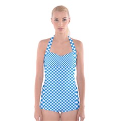 Oktoberfest Bavarian Blue And White Checkerboard Boyleg Halter Swimsuit  by PodArtist