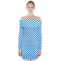 Oktoberfest Bavarian Blue And White Checkerboard Long Sleeve Off Shoulder Dress by PodArtist