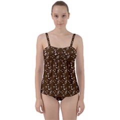 Brown Music Twist Front Tankini Set