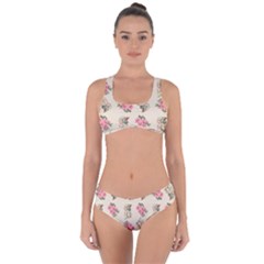 Retro Dog Floral Pattern Ecru Criss Cross Bikini Set