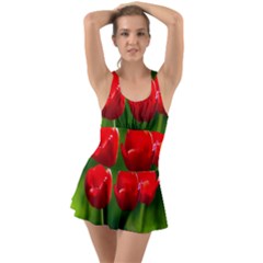 Three Red Tulips, Green Background Ruffle Top Dress Swimsuit by FunnyCow