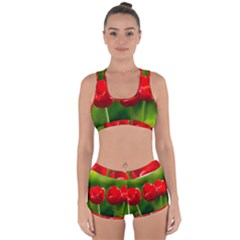 Three Red Tulips, Green Background Racerback Boyleg Bikini Set by FunnyCow