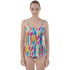 Mini Rainbow Colored Waikiki Surfboards  Twist Front Tankini Set by PodArtist