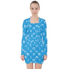 Oktoberfest Bavarian October Beer Festival Motifs In Bavarian Blue V-neck Bodycon Long Sleeve Dress by PodArtist