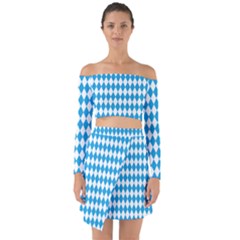 Oktoberfest Bavarian Blue And White Large Diagonal Diamond Pattern Off Shoulder Top With Skirt Set by PodArtist