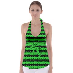 Monster Green And Black Halloween Nightmare Stripes  Babydoll Tankini Top by PodArtist