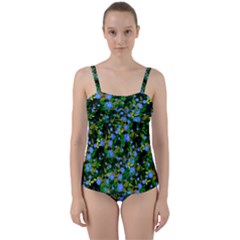 Blue Luminescent Roses Twist Front Tankini Set