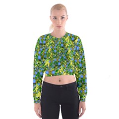 Blue Luminescent Roses Yellow Cropped Sweatshirt